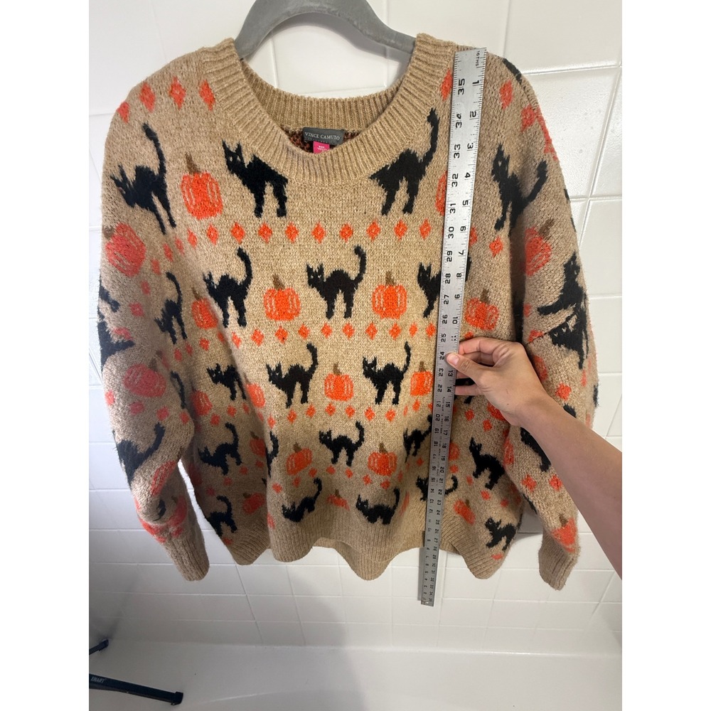 Vince Camuto Womens XXL Halloween Black Cat Pumpkin Intarsia Knit Sweater Tan - Picture 6 of 7